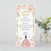 Blush Roze Bloemen Roos Gouden Jurk Quinceañera Me Programmakaart (Staand voorkant)