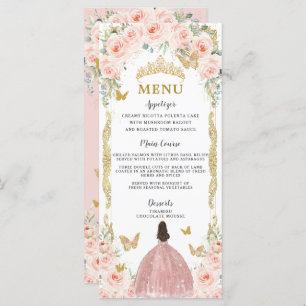 Blush Roze Bloemen Roos Gouden Jurk Quinceañera Me Programmakaart