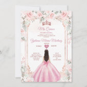 Blush Roze Bloemen & Roos Gouden Kroon Mis Quince Kaart (Voorkant)