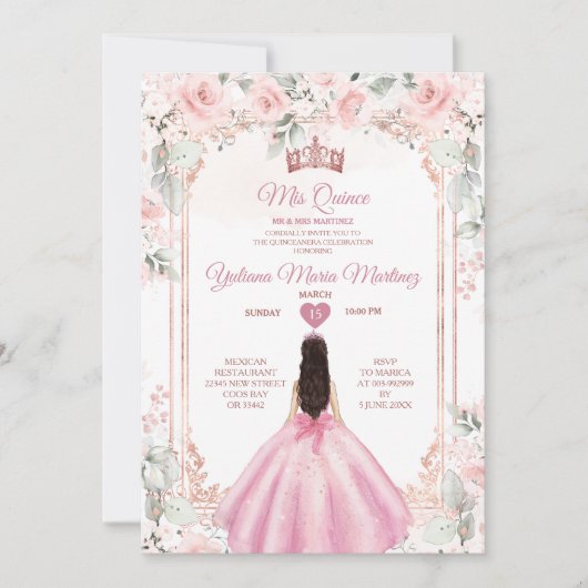 Blush Roze Bloemen & Roos Gouden Kroon Mis Quince Kaart (Voorkant)