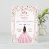 Blush Roze Bloemen & Roos Gouden Kroon Mis Quince Kaart (Staand voorkant)