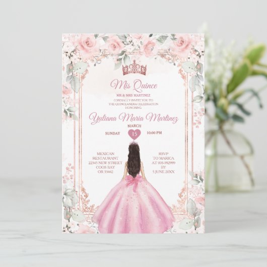 Blush Roze Bloemen & Roos Gouden Kroon Mis Quince Kaart (Staand voorkant)