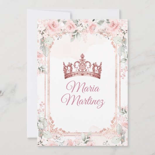 Blush Roze Bloemen & Roos Gouden Kroon Mis Quince Kaart (Achterkant)