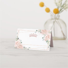 Blush Roze Bloemen Roos Gouden Kroon Quinceañera Plaatskaartje