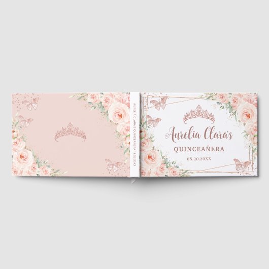 Blush Roze Bloemen Roos Gouden Vlinder Quinceanera Gastenboek (Volledig)