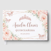 Blush Roze Bloemen Roos Gouden Vlinder Quinceanera Gastenboek (Voorkant)