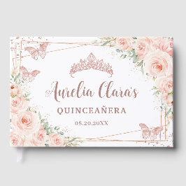 Blush Roze Bloemen Roos Gouden Vlinder Quinceanera Gastenboek