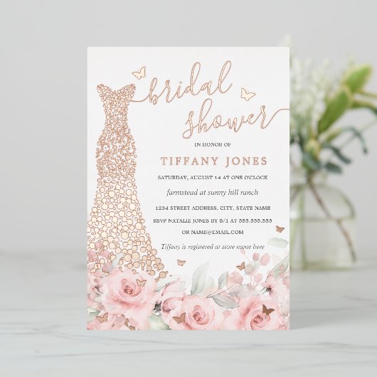 Blush Roze Bloemen Roos Jurk Vrijgezellenfeest Folie Uitnodiging (Staand Voorkant)