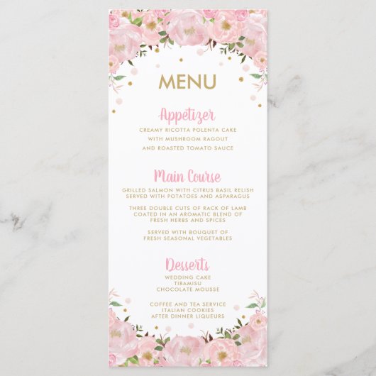 Blush Roze Bloemen Roos pioen bruiloft menu (Voorkant)