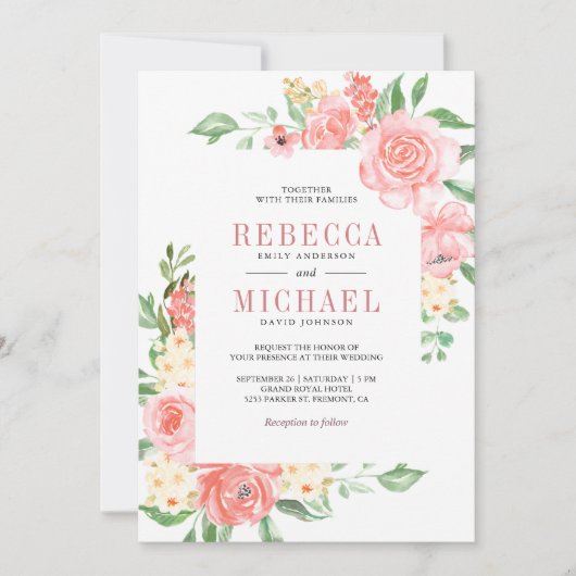 Blush Roze Bloemen Rozen Alles in Een Huwelijk Kaart (Voorkant)