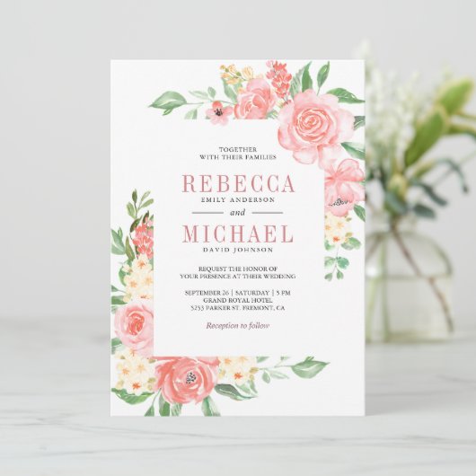 Blush Roze Bloemen Rozen Alles in Een Huwelijk Kaart (Staand voorkant)