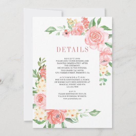 Blush Roze Bloemen Rozen Alles in Een Huwelijk Kaart (Achterkant)