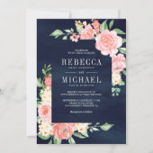 Blush Roze Bloemen Rozen Alles in Een Navy Wedding Kaart (Voorkant)