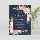 Blush Roze Bloemen Rozen Alles in Een Navy Wedding Kaart (Staand voorkant)