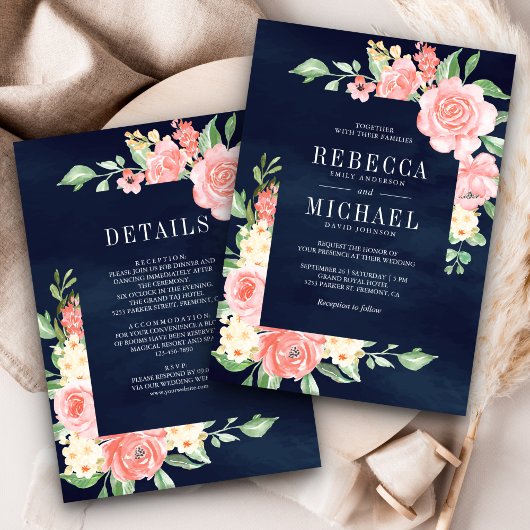 Blush Roze Bloemen Rozen Alles in Een Navy Wedding Kaart