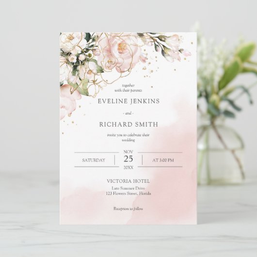 Blush Roze Bloemen Rozen Boho Bruiloft Uitnodiging (Staand voorkant)