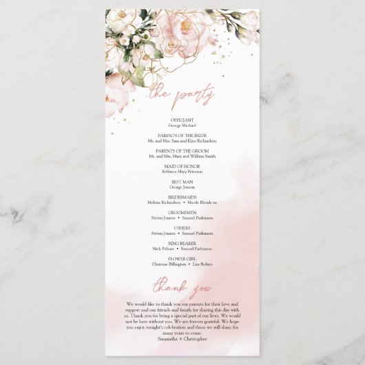 Blush Roze Bloemen Rozen Boho Trouwceremonie Programmakaart (Achterkant)