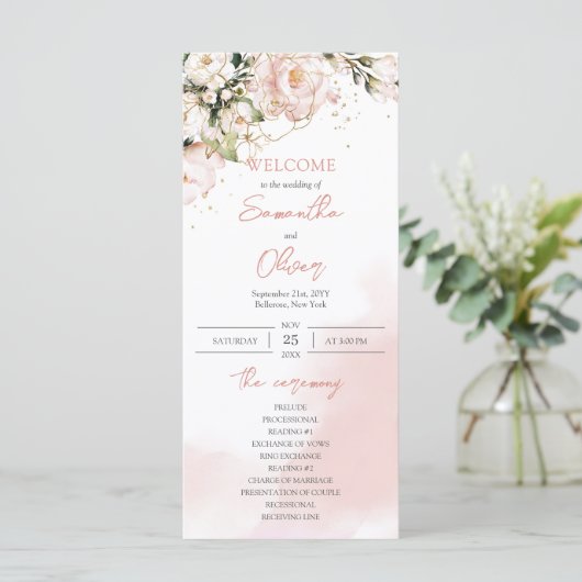 Blush Roze Bloemen Rozen Boho Trouwceremonie Programmakaart (Staand voorkant)
