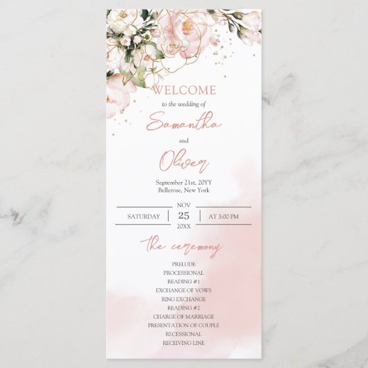 Blush Roze Bloemen Rozen Boho Trouwceremonie Programmakaart (Voorkant)