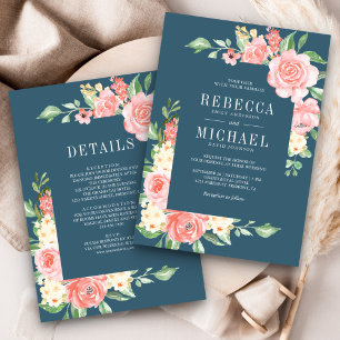 Blush Roze Bloemen Rozen Dusty Blue Wedding Kaart