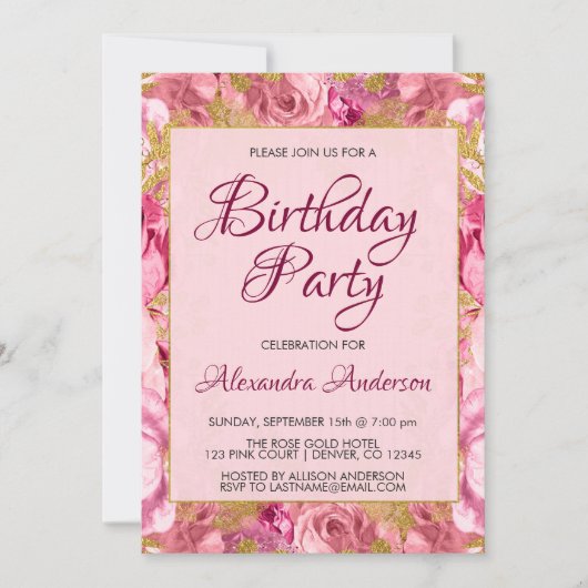 Blush Roze Bloemen Rozen Monogram Verjaardagsfeest Kaart (Voorkant)