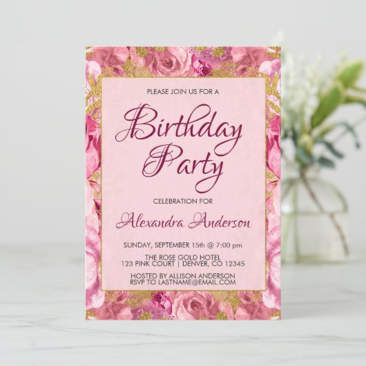 Blush Roze Bloemen Rozen Monogram Verjaardagsfeest Kaart (Staand voorkant)