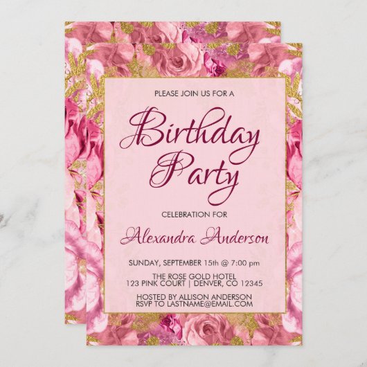 Blush Roze Bloemen Rozen Monogram Verjaardagsfeest Kaart (Voorkant / Achterkant)