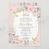 Blush Roze Bloemen Rozen Vlinders Quinceañera Kaart (Voorkant / Achterkant)