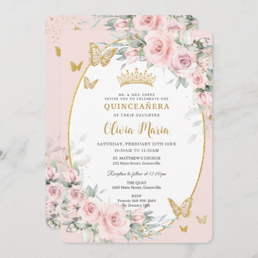 Blush Roze Bloemen Rozen Vlinders Quinceañera Kaart (Voorkant / Achterkant)