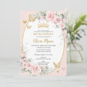Blush Roze Bloemen Rozen Vlinders Quinceañera Kaart (Staand voorkant)