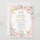 Blush Roze Bloemen Rozen Vlinders Quinceañera Kaart (Voorkant)