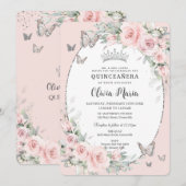 Blush Roze Bloemen Rozen Vlinders Quinceañera Kaart (Voorkant / Achterkant)
