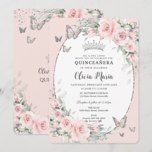 Blush Roze Bloemen Rozen Vlinders Quinceañera Kaart