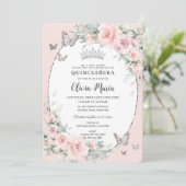 Blush Roze Bloemen Rozen Vlinders Quinceañera Kaart (Staand voorkant)