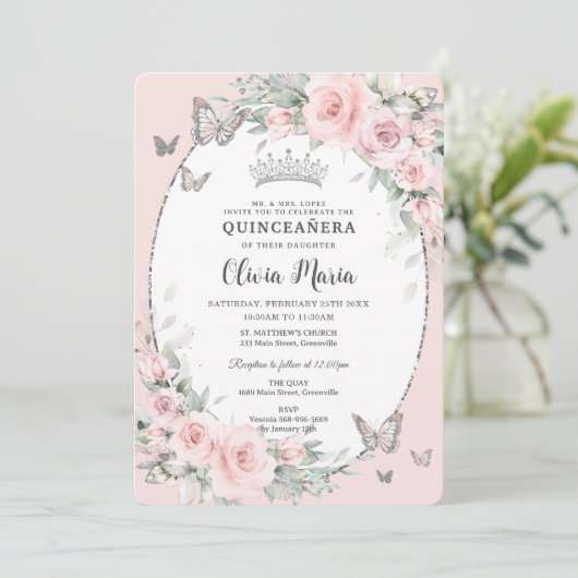 Blush Roze Bloemen Rozen Vlinders Quinceañera Kaart (Staand voorkant)