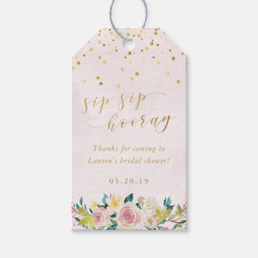 Blush Roze Bloemen Sip Hoera bruiloft Cadeaulabel (Voorkant)