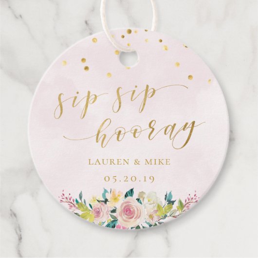 Blush Roze Bloemen Sip Hoera Bruiloft Ronde Bedankjes Labels (Voorkant)