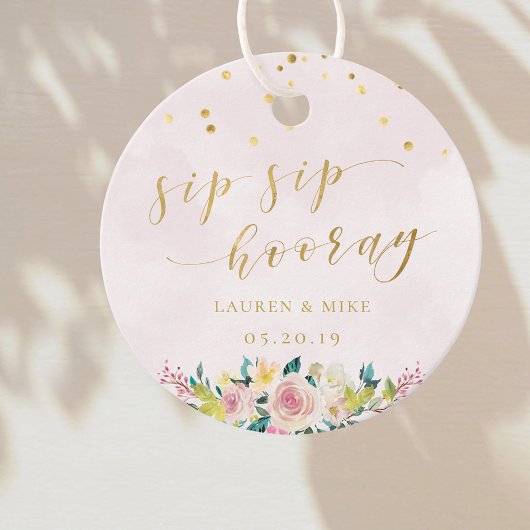 Blush Roze Bloemen Sip Hoera Bruiloft Ronde Bedankjes Labels