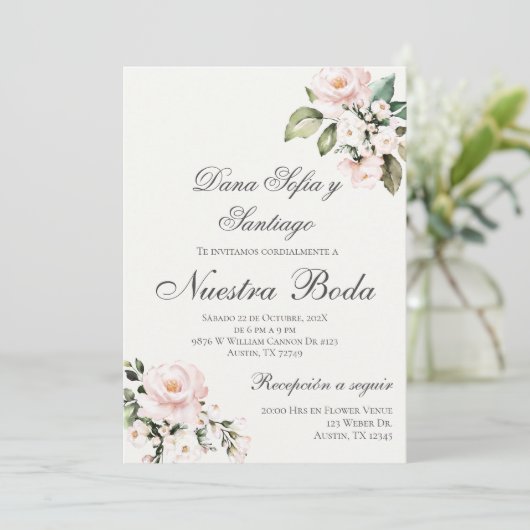Blush Roze Bloemen Spaans Bruiloft Kaart (Staand voorkant)