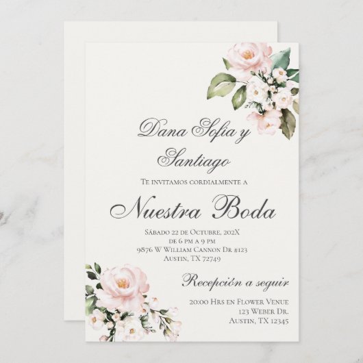 Blush Roze Bloemen Spaans Bruiloft Kaart (Voorkant / Achterkant)