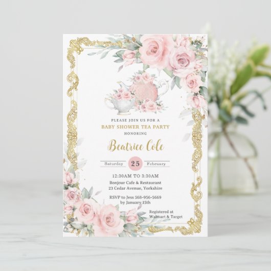 Blush Roze Bloemen Tea Party Baby shower Kaart (Staand voorkant)