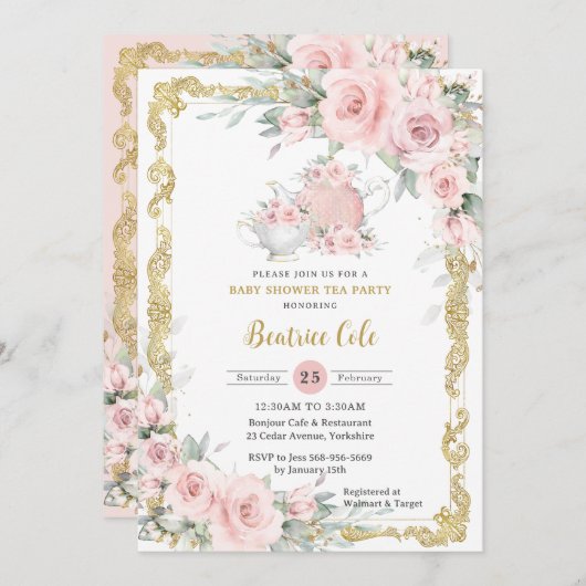  Blush Roze Bloemen Tea Party Baby shower Kaart (Voorkant / Achterkant)