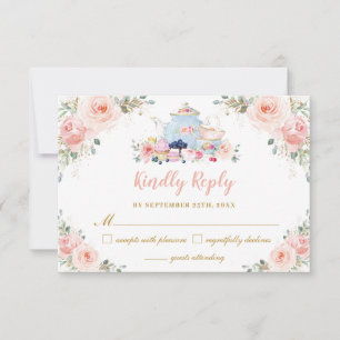 Blush Roze Bloemen Tea Party Baby Vrijgezellenfees RSVP Kaartje