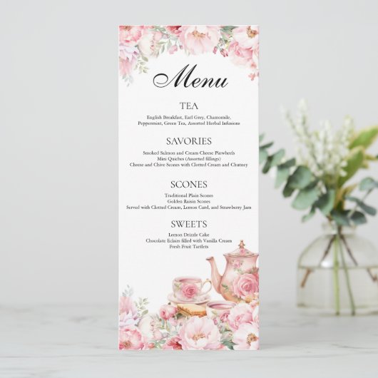 Blush Roze Bloemen Tea Party Menu (Staand voorkant)