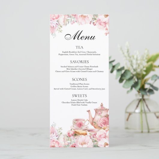 Blush Roze Bloemen Tea Party Menu (Staand voorkant)