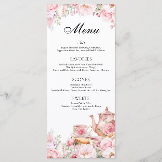 Blush Roze Bloemen Tea Party Menu (Voorkant)