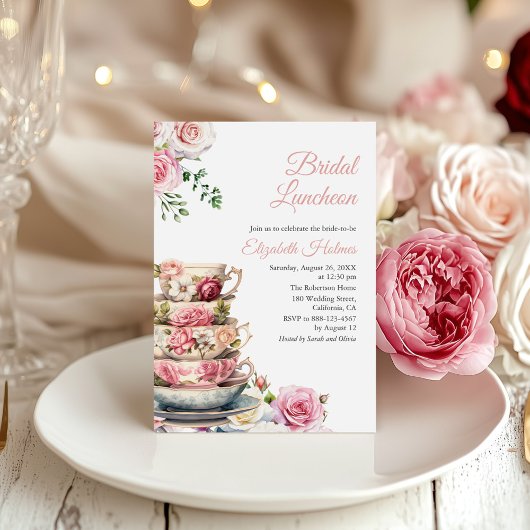 Blush Roze Bloemen Teacup Bruids Luncheon Kaart