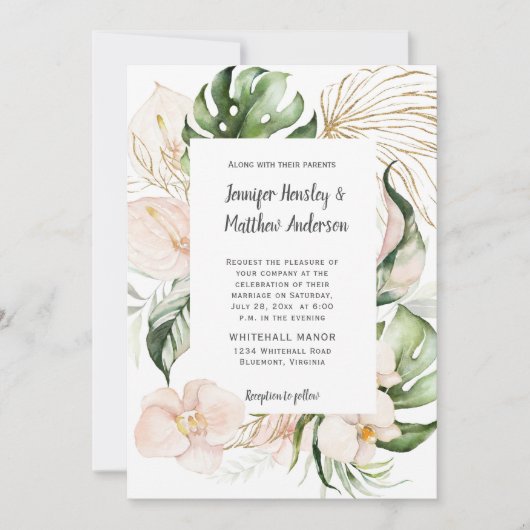 Blush Roze Bloemen Tropisch groen Bruiloft Kaart (Voorkant)