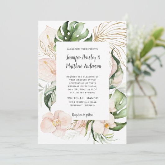 Blush Roze Bloemen Tropisch groen Bruiloft Kaart (Staand voorkant)