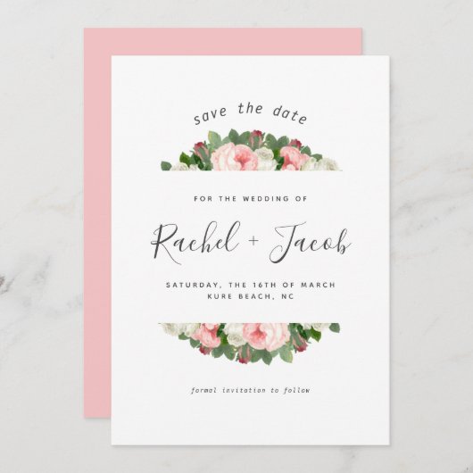 Blush Roze Bloemen Trouwen Save the Date (Voorkant / Achterkant)